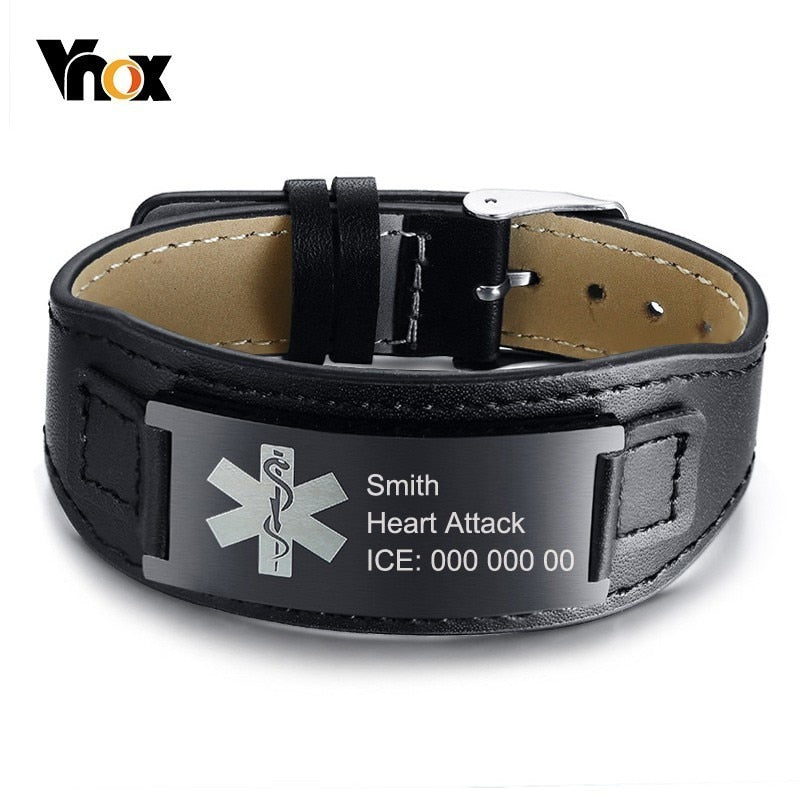 Free Engraving Name Info Medical Alert Real Leather Bracelets